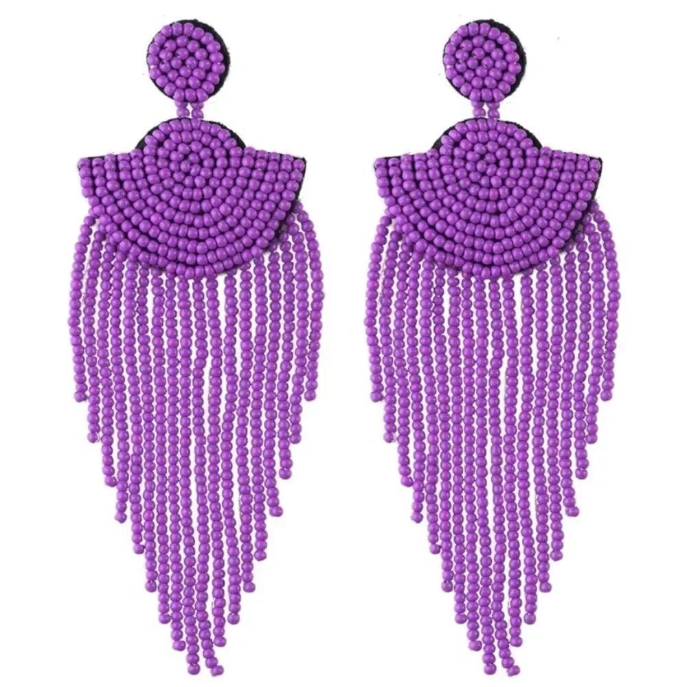 Long Boho Purple Beaded Tassel Fringe Dangling Drop Fan Chandelier Post Earrings